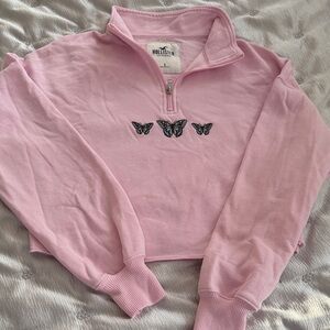 Hollister Light Pink Half-Zip Sweatshirt with Butterfly Embroidery